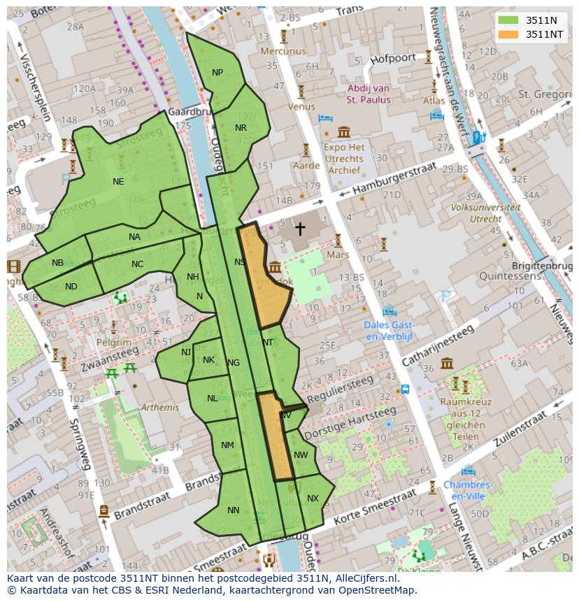 Afbeelding van het postcodegebied 3511 NT op de kaart.