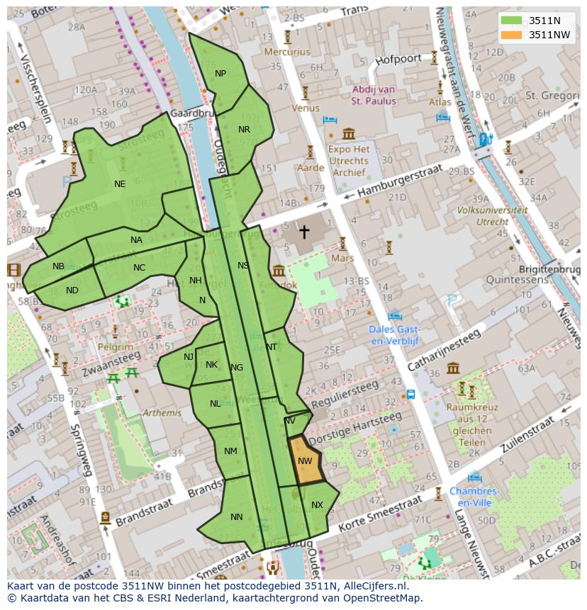 Afbeelding van het postcodegebied 3511 NW op de kaart.