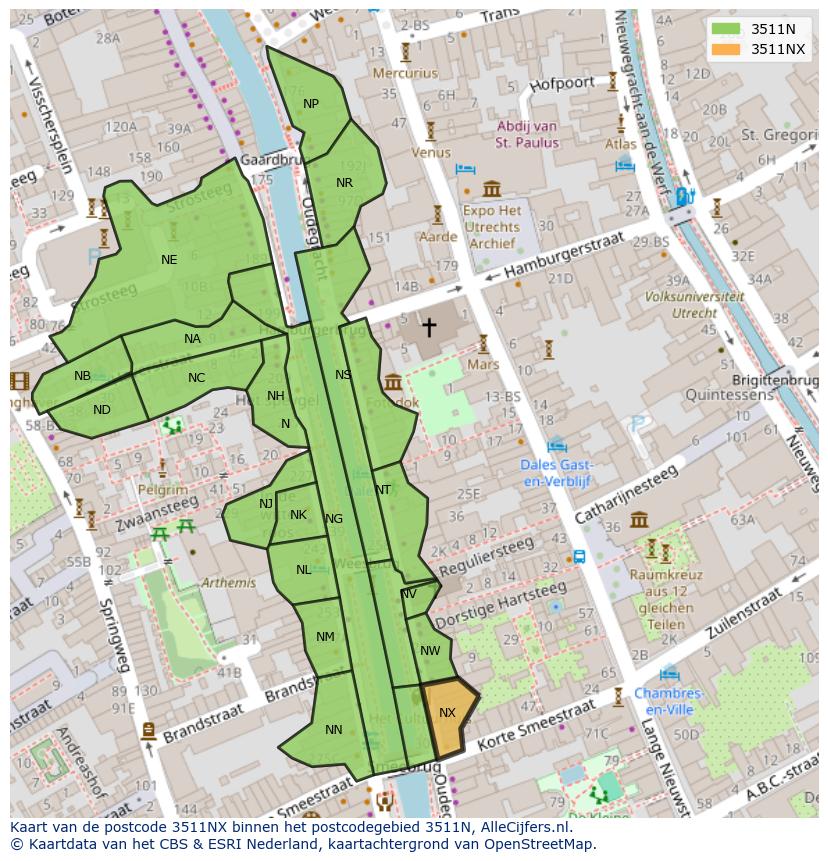 Afbeelding van het postcodegebied 3511 NX op de kaart.