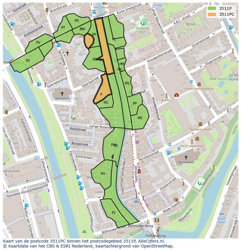 Afbeelding van het postcodegebied 3511 PC op de kaart.