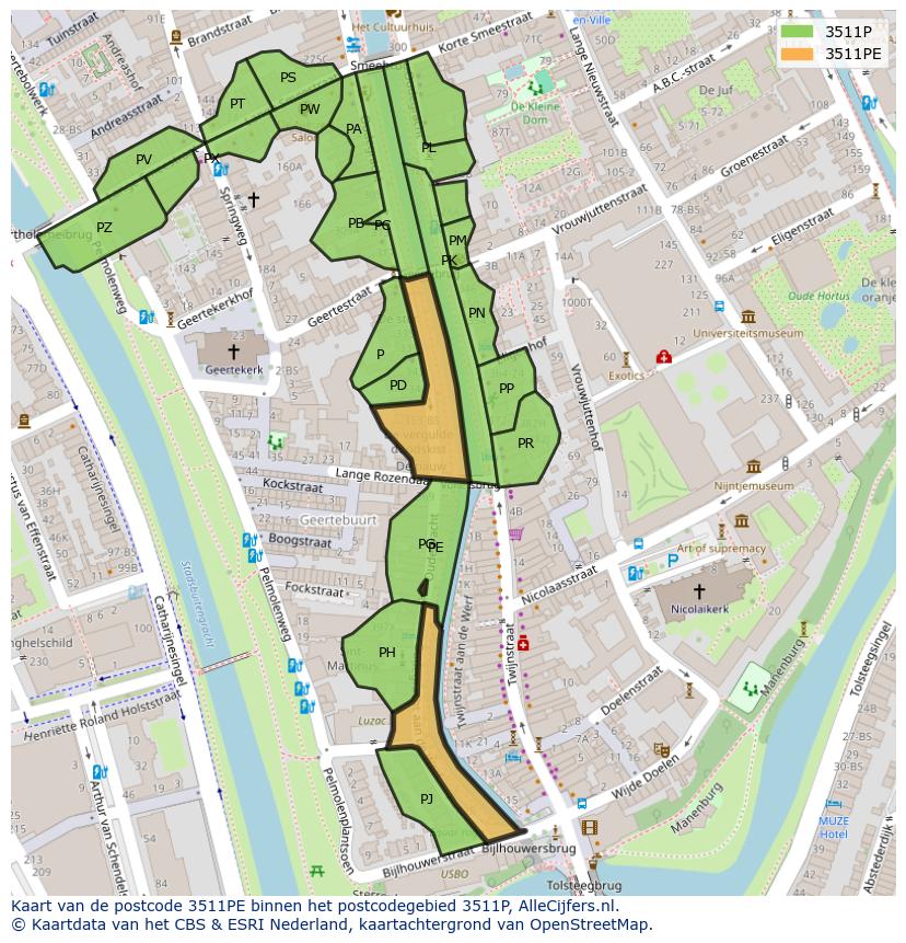 Afbeelding van het postcodegebied 3511 PE op de kaart.