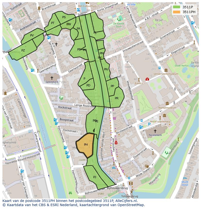 Afbeelding van het postcodegebied 3511 PH op de kaart.
