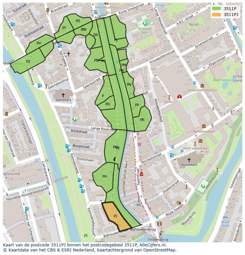 Afbeelding van het postcodegebied 3511 PJ op de kaart.