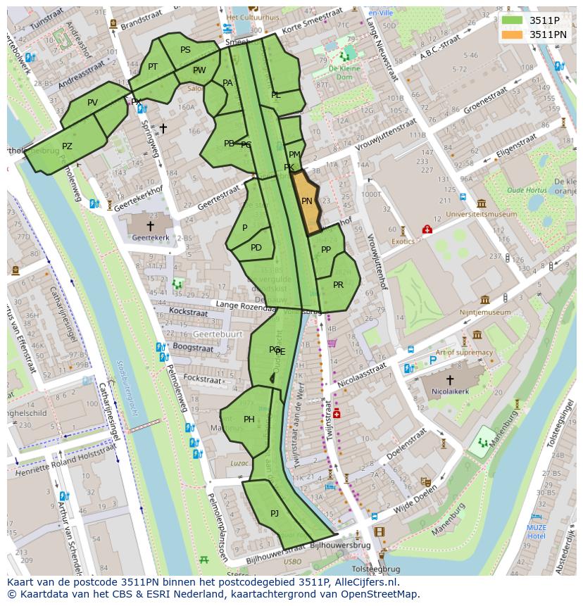 Afbeelding van het postcodegebied 3511 PN op de kaart.