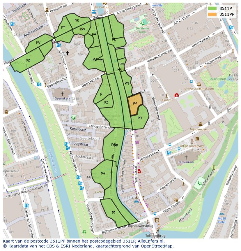 Afbeelding van het postcodegebied 3511 PP op de kaart.