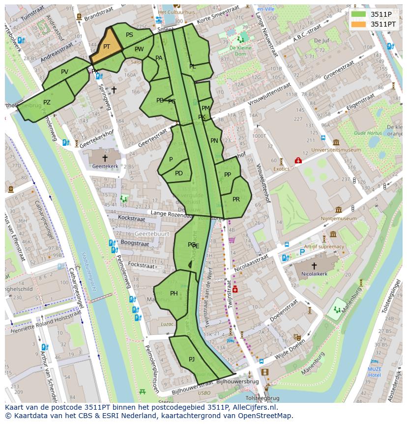 Afbeelding van het postcodegebied 3511 PT op de kaart.