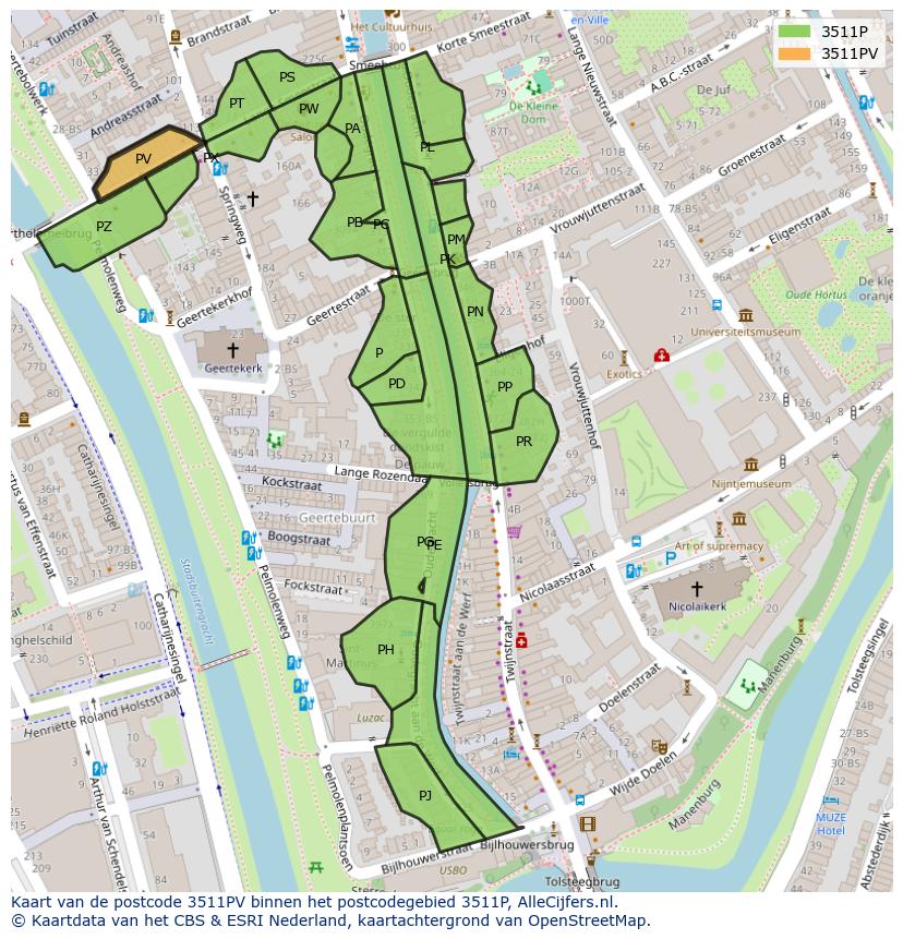 Afbeelding van het postcodegebied 3511 PV op de kaart.
