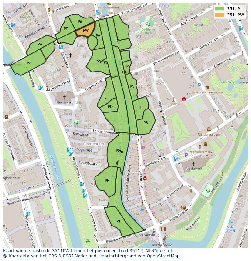 Afbeelding van het postcodegebied 3511 PW op de kaart.