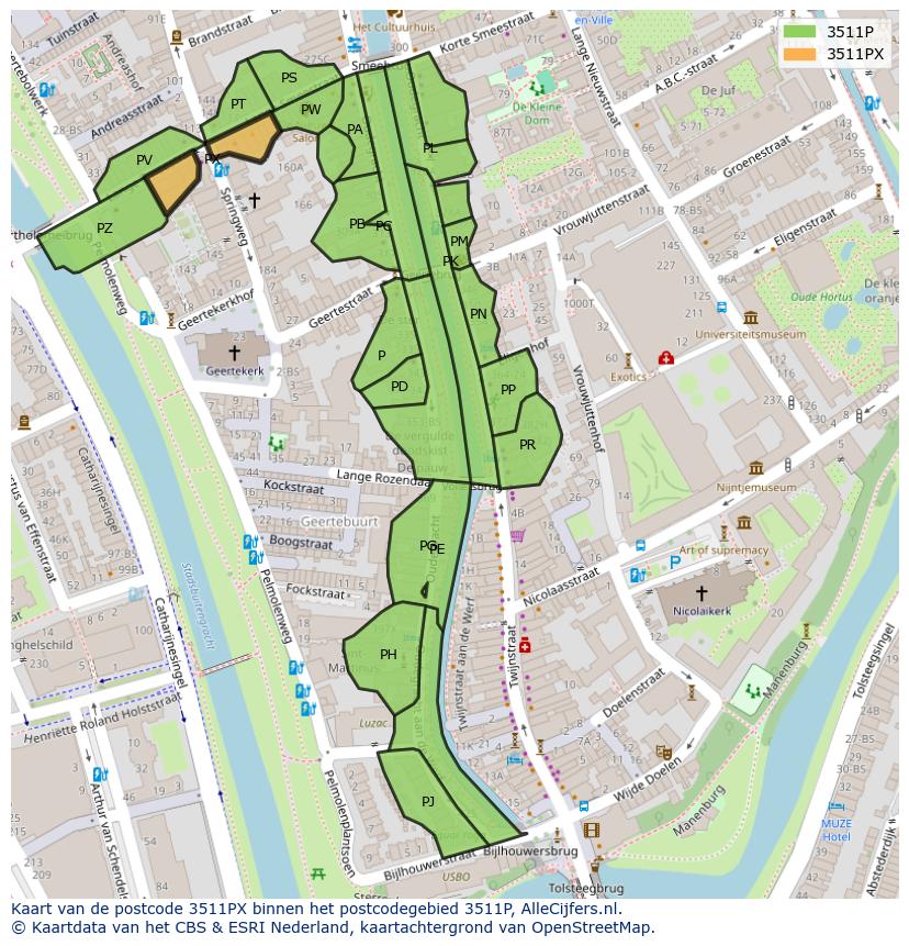 Afbeelding van het postcodegebied 3511 PX op de kaart.