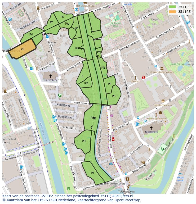 Afbeelding van het postcodegebied 3511 PZ op de kaart.