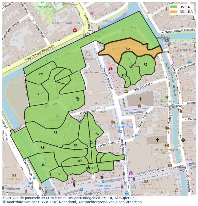 Afbeelding van het postcodegebied 3511 RA op de kaart.