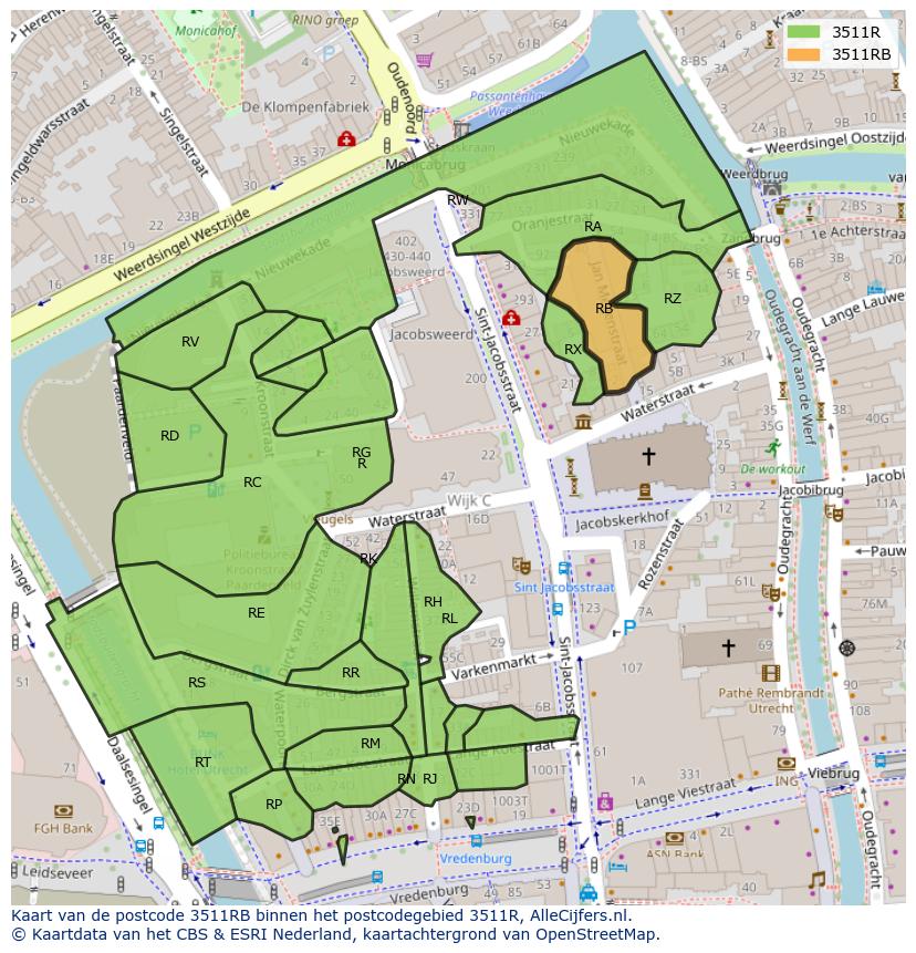 Afbeelding van het postcodegebied 3511 RB op de kaart.