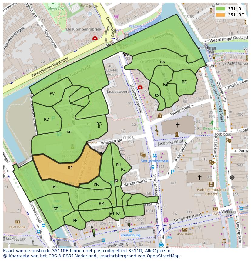 Afbeelding van het postcodegebied 3511 RE op de kaart.