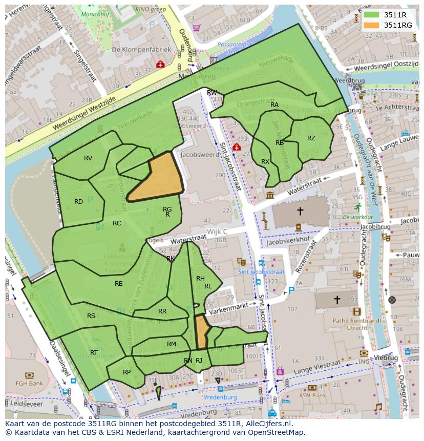 Afbeelding van het postcodegebied 3511 RG op de kaart.