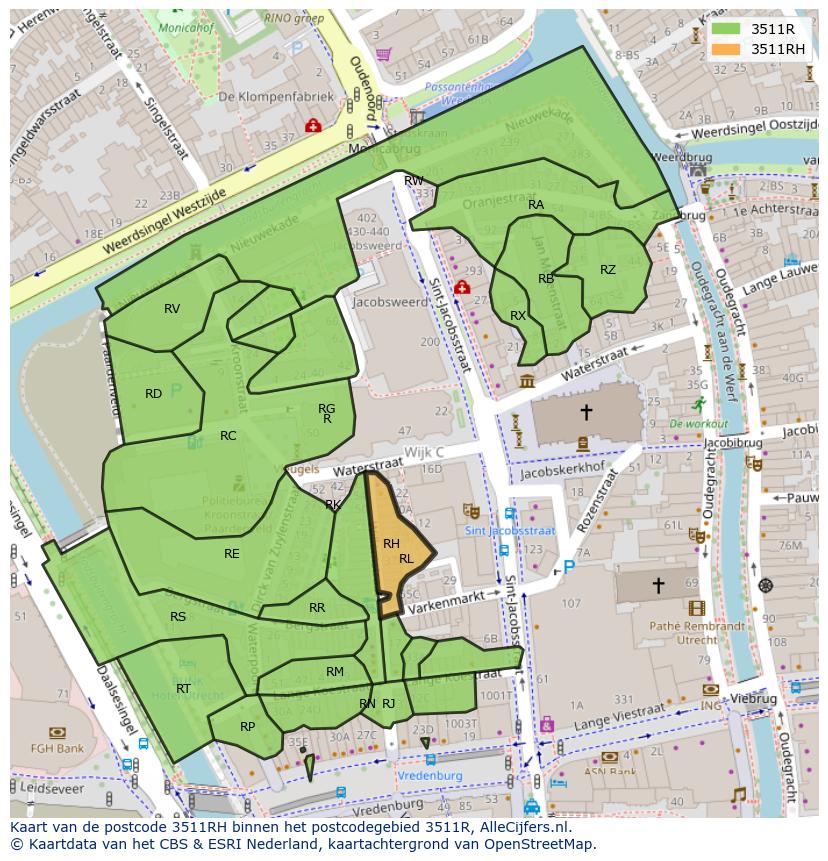 Afbeelding van het postcodegebied 3511 RH op de kaart.