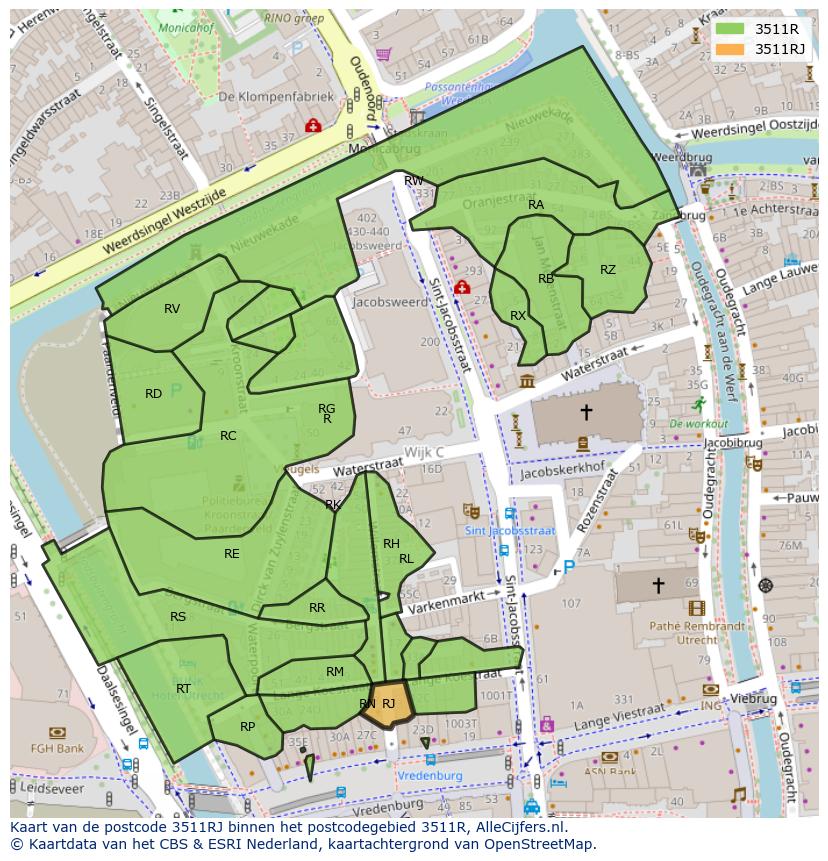 Afbeelding van het postcodegebied 3511 RJ op de kaart.