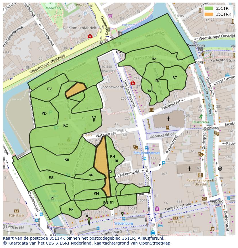 Afbeelding van het postcodegebied 3511 RK op de kaart.