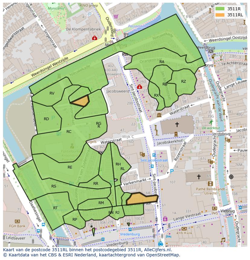 Afbeelding van het postcodegebied 3511 RL op de kaart.