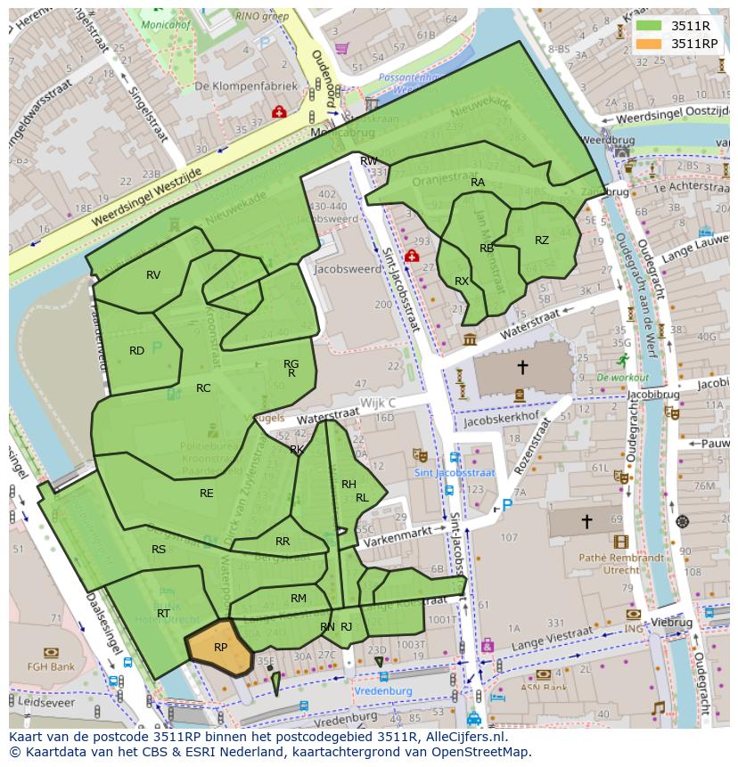 Afbeelding van het postcodegebied 3511 RP op de kaart.
