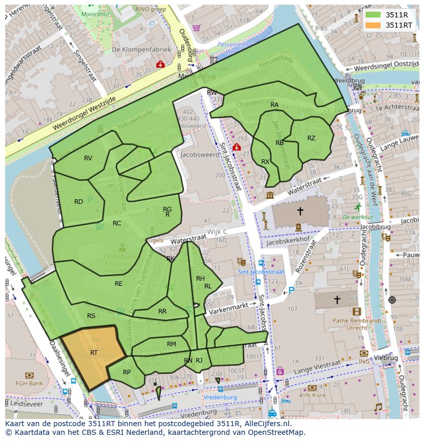 Afbeelding van het postcodegebied 3511 RT op de kaart.