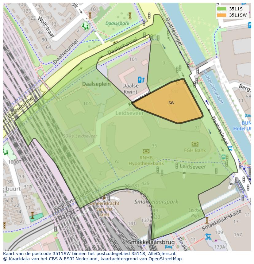 Afbeelding van het postcodegebied 3511 SW op de kaart.