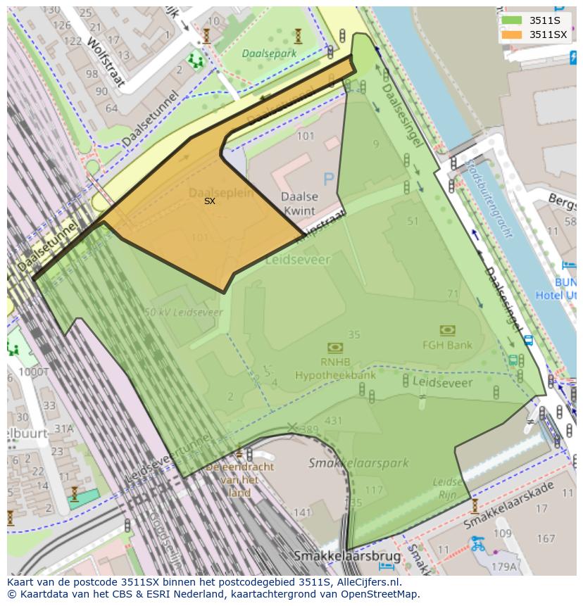 Afbeelding van het postcodegebied 3511 SX op de kaart.