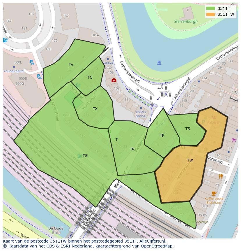 Afbeelding van het postcodegebied 3511 TW op de kaart.