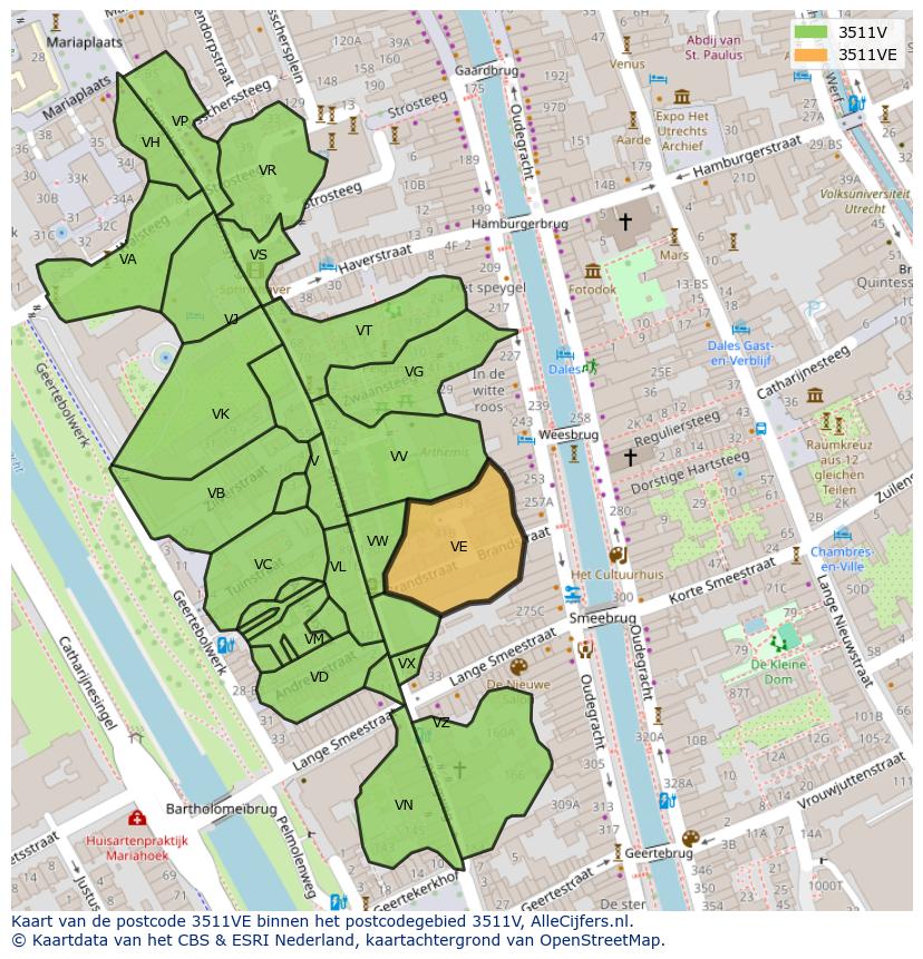 Afbeelding van het postcodegebied 3511 VE op de kaart.