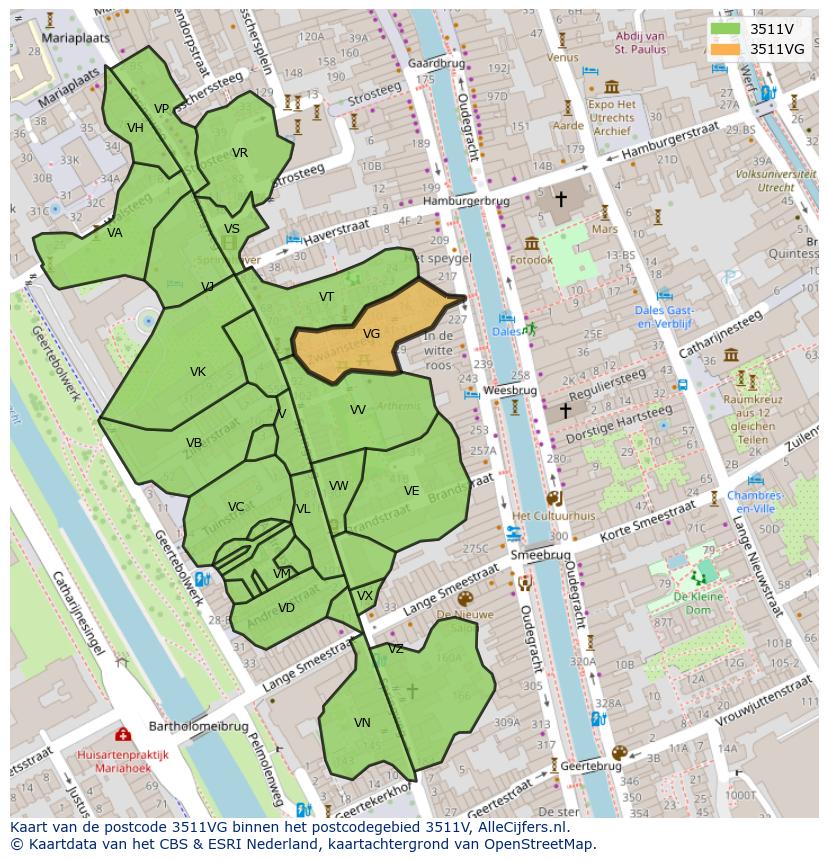 Afbeelding van het postcodegebied 3511 VG op de kaart.