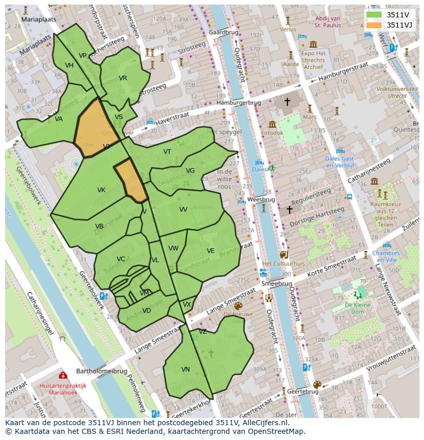 Afbeelding van het postcodegebied 3511 VJ op de kaart.