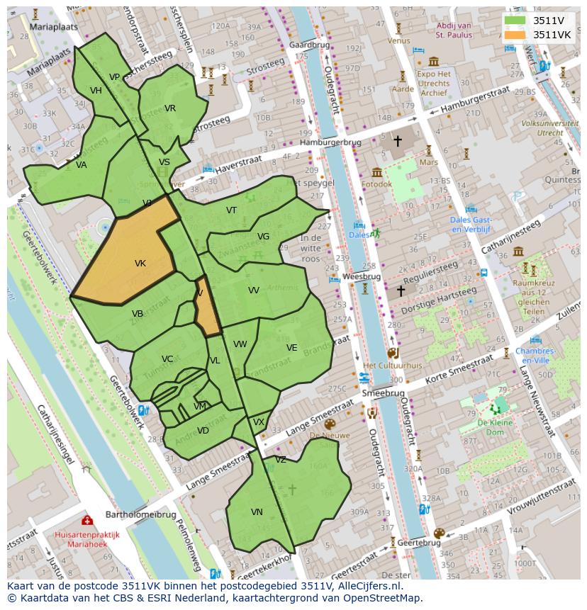 Afbeelding van het postcodegebied 3511 VK op de kaart.