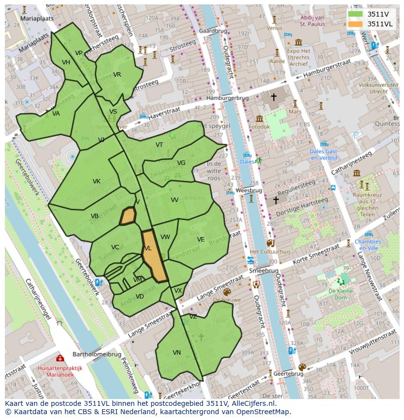 Afbeelding van het postcodegebied 3511 VL op de kaart.