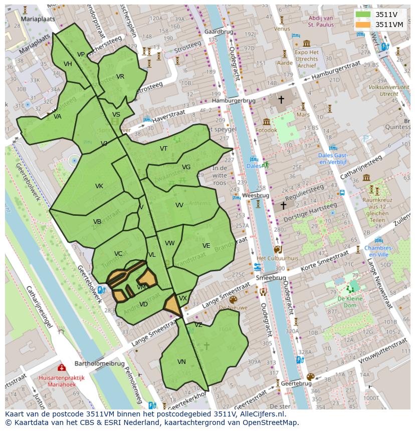 Afbeelding van het postcodegebied 3511 VM op de kaart.
