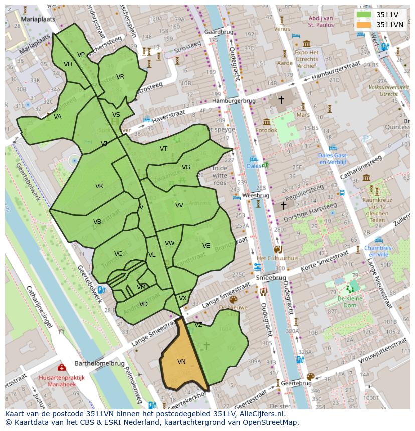 Afbeelding van het postcodegebied 3511 VN op de kaart.