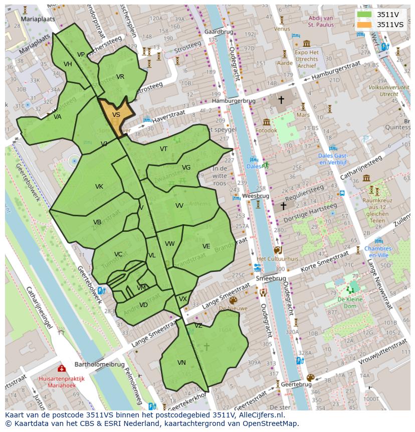 Afbeelding van het postcodegebied 3511 VS op de kaart.