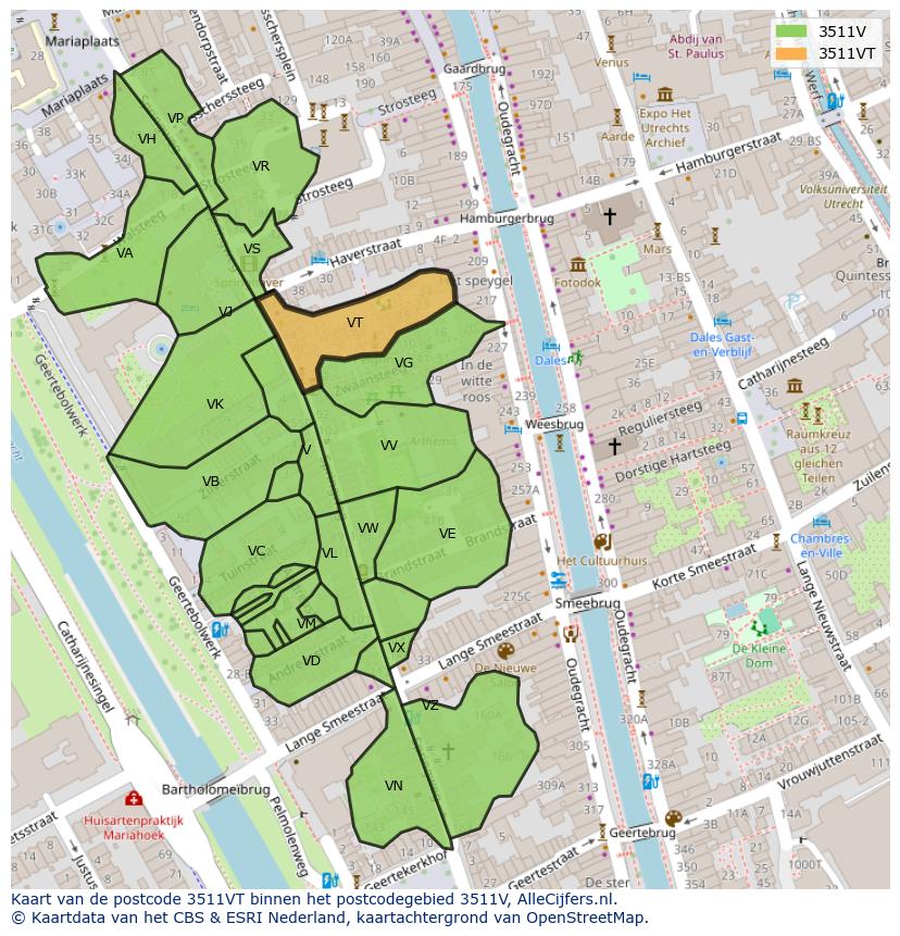 Afbeelding van het postcodegebied 3511 VT op de kaart.