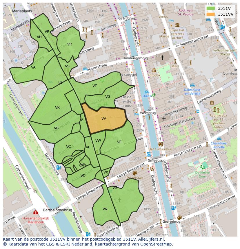 Afbeelding van het postcodegebied 3511 VV op de kaart.