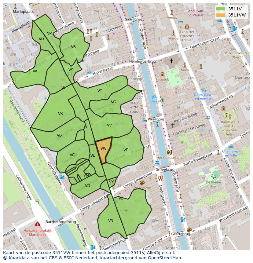 Afbeelding van het postcodegebied 3511 VW op de kaart.
