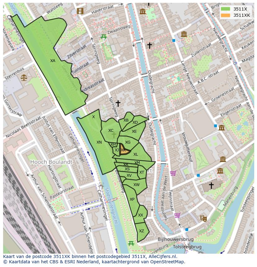 Afbeelding van het postcodegebied 3511 XK op de kaart.