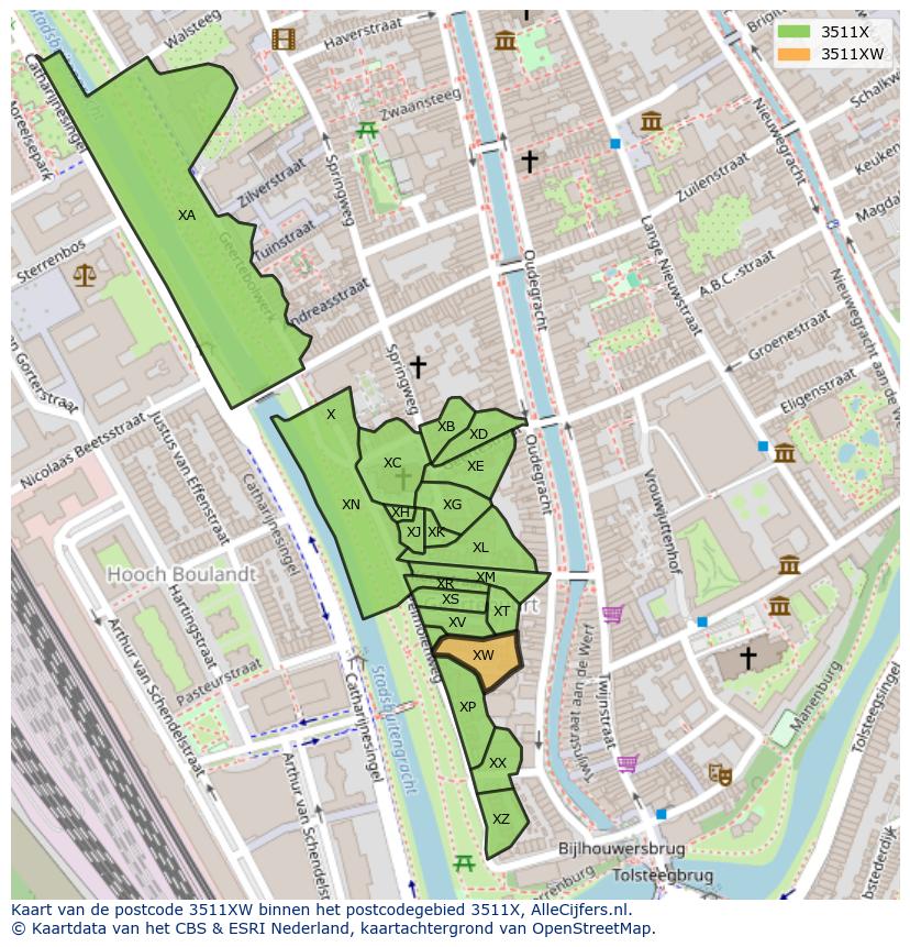 Afbeelding van het postcodegebied 3511 XW op de kaart.
