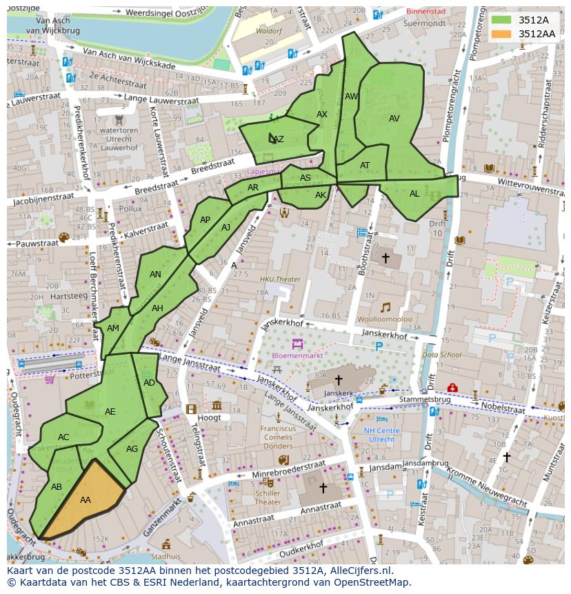 Afbeelding van het postcodegebied 3512 AA op de kaart.