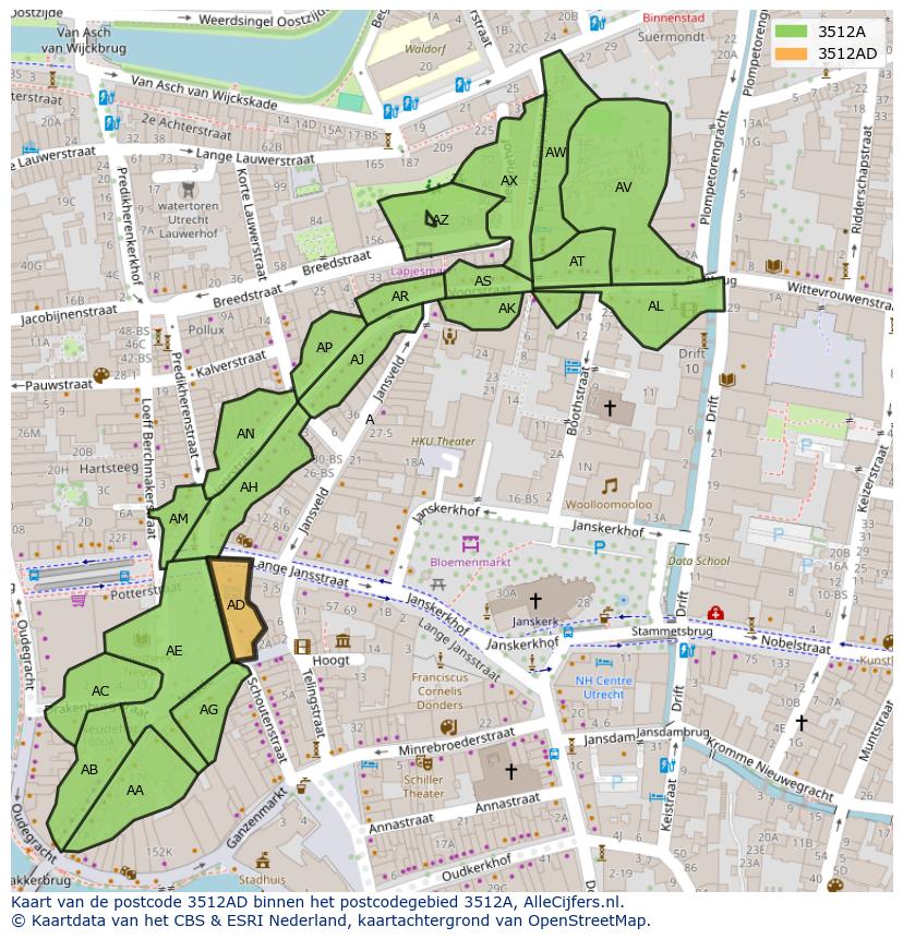 Afbeelding van het postcodegebied 3512 AD op de kaart.