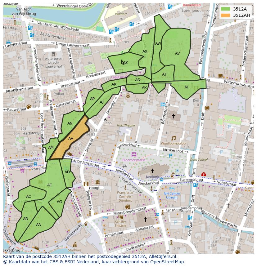 Afbeelding van het postcodegebied 3512 AH op de kaart.
