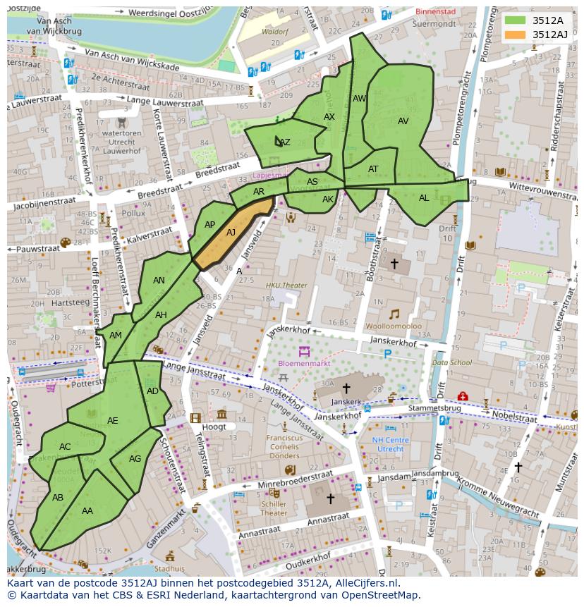 Afbeelding van het postcodegebied 3512 AJ op de kaart.