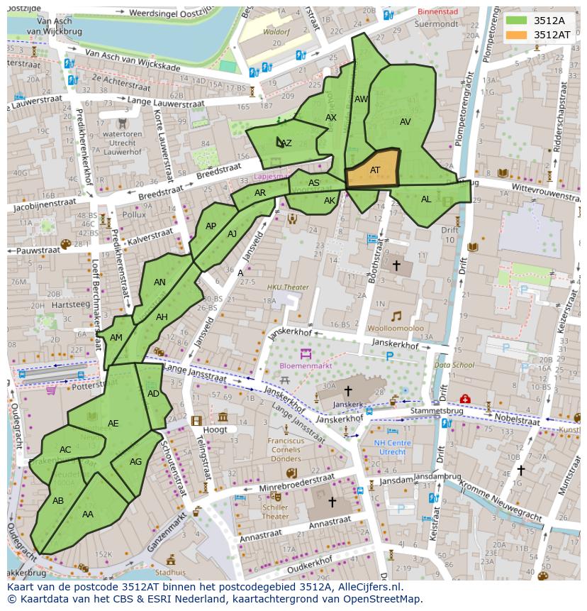 Afbeelding van het postcodegebied 3512 AT op de kaart.