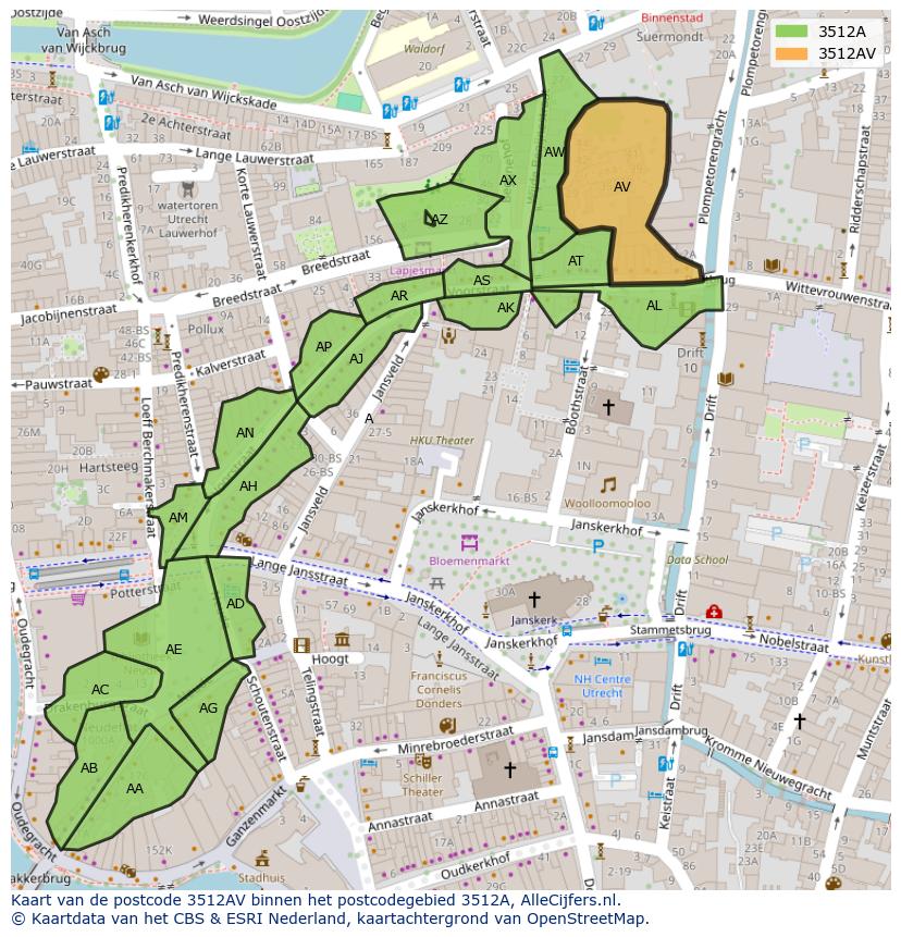 Afbeelding van het postcodegebied 3512 AV op de kaart.