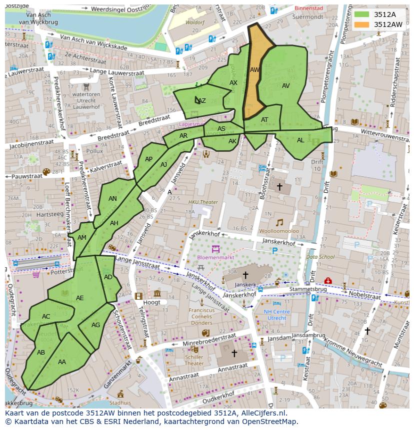 Afbeelding van het postcodegebied 3512 AW op de kaart.
