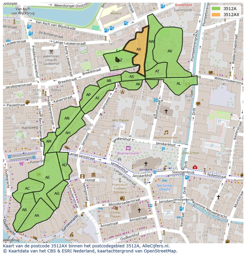 Afbeelding van het postcodegebied 3512 AX op de kaart.