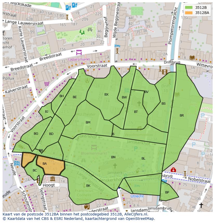 Afbeelding van het postcodegebied 3512 BA op de kaart.