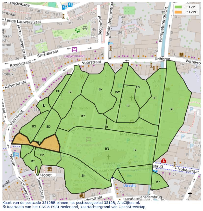 Afbeelding van het postcodegebied 3512 BB op de kaart.